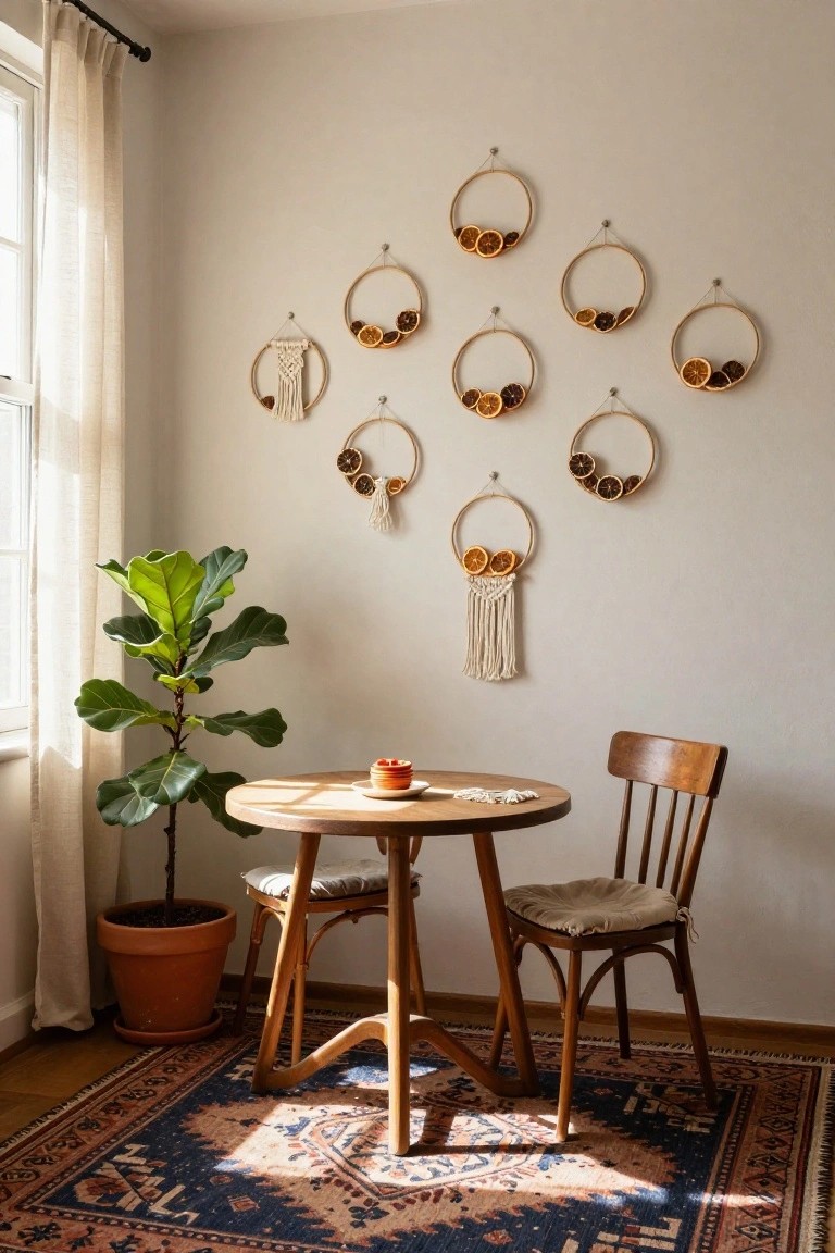 Indoor corner with white walls displaying multiple wooden hoop wreaths decorated with dried orange slices and macrame hangings, a wooden round table with orange slices, wooden chair, potted fiddle leaf fig plant, and Persian rug on wood floor near window with sheer curtains.