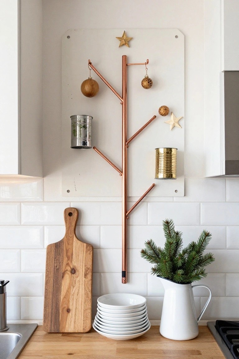 Copper pipes formed into a tree shape mounted on a white wall panel in a white kitchen, holding wooden and gold ornaments, a silver tin with herbs, a gold tin can, and stars, with a wooden cutting board, stacked white plates, and a white pitcher of fir branches on the wooden counter below.