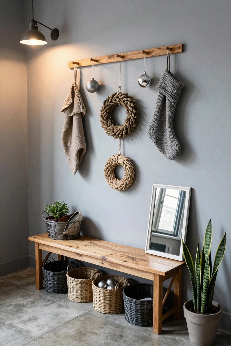Gray entryway with wooden wall rack holding linen towel, silver ornaments, wheat wreaths, and knit stocking, above wooden bench with wicker baskets containing ornaments, next to white-framed mirror and potted snake plant.