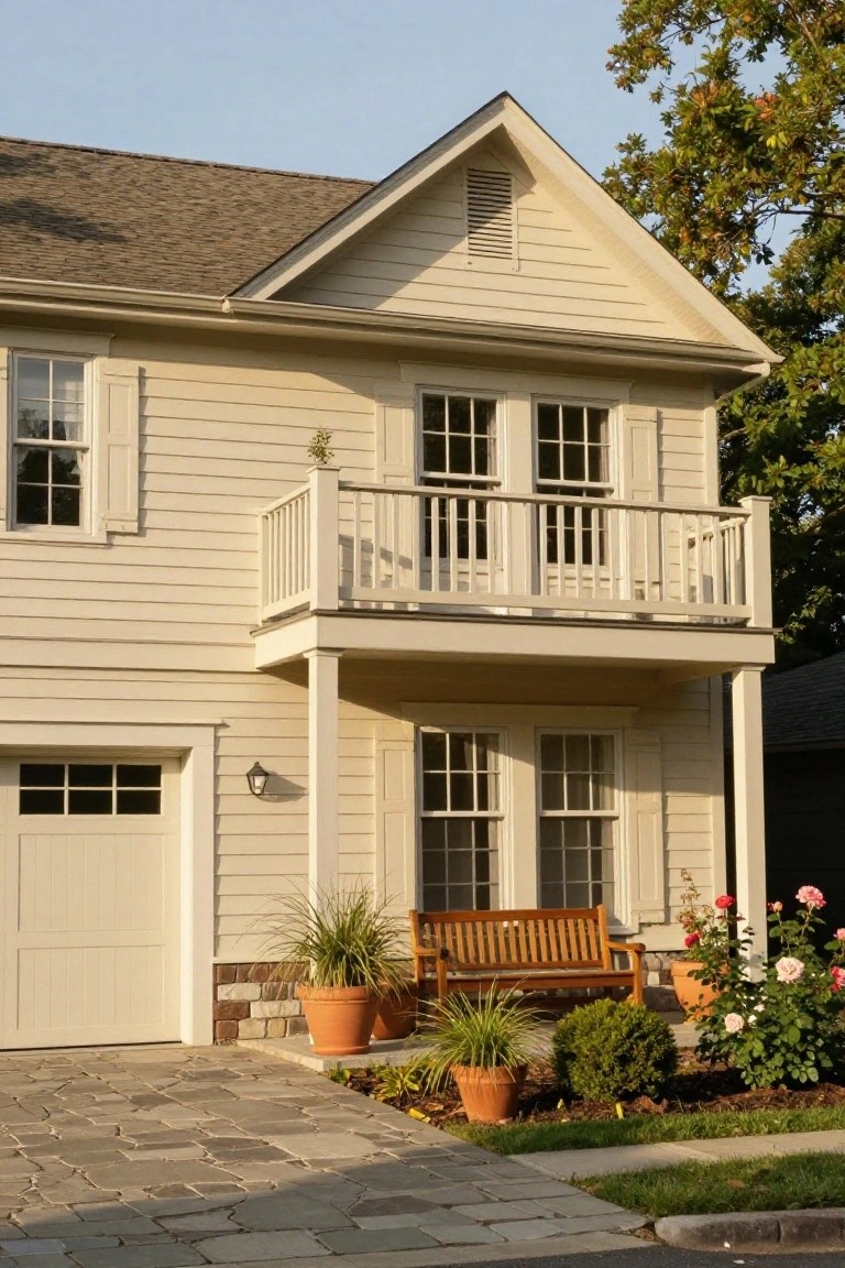 Beige two-story colonial house exterior with clapboard siding, second-floor balcony, covered porch with wooden bench and potted plants, garage door, and surrounding landscaping on a paved driveway.