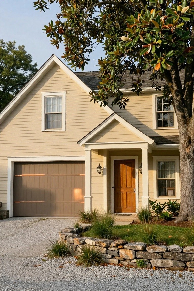 Beige Colonial Facade with Wood Entry Door