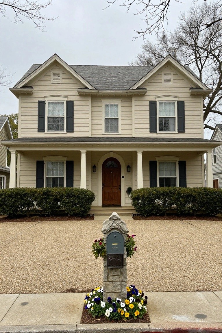 Two-story beige colonial house with black shutters, white trim, covered front porch supported by columns, arched wood door, gravel driveway, boxwood shrubs, stone pillar mailbox with flowers, and pansies in a bed.