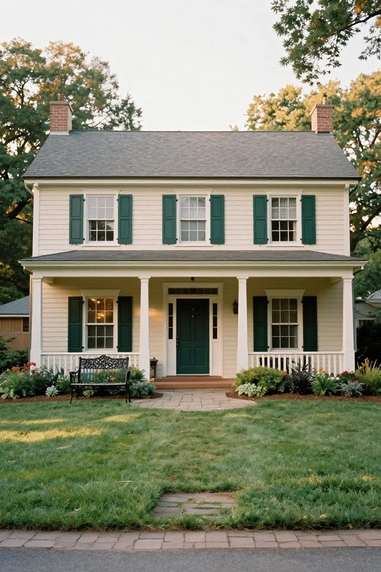 Two-story colonial house with beige siding, green shutters on multi-pane windows, dark green front door, white porch with columns and railing, wrought-iron bench, flower beds, and green lawn.