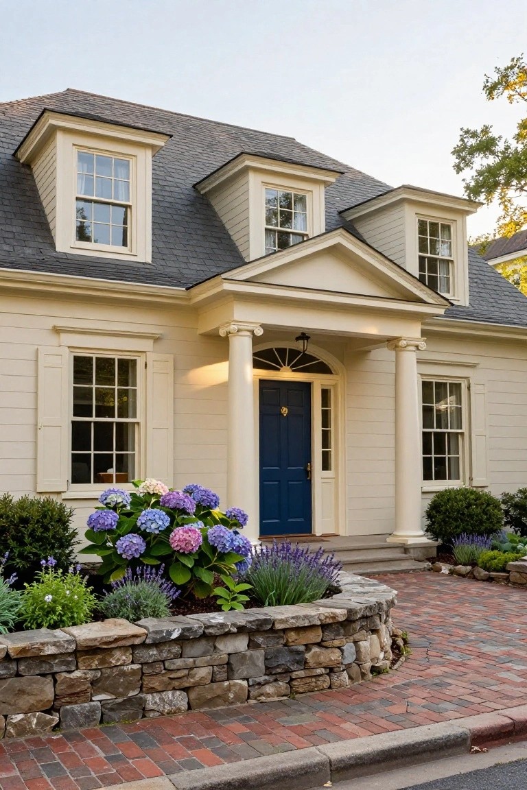 Beige clapboard colonial house with slate dormer roof, pedimented portico supported by white columns, dark blue front door, and hydrangea plants in a curved stone wall bed beside a brick pathway.