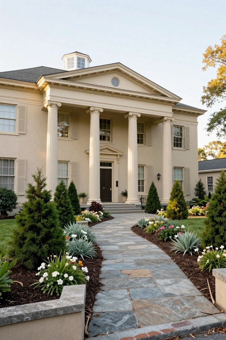 Beige two-story colonial house with a pedimented portico supported by four tall fluted columns, flanked by shuttered windows, evergreen trees, flower beds, and a curved stone pathway to the front door.