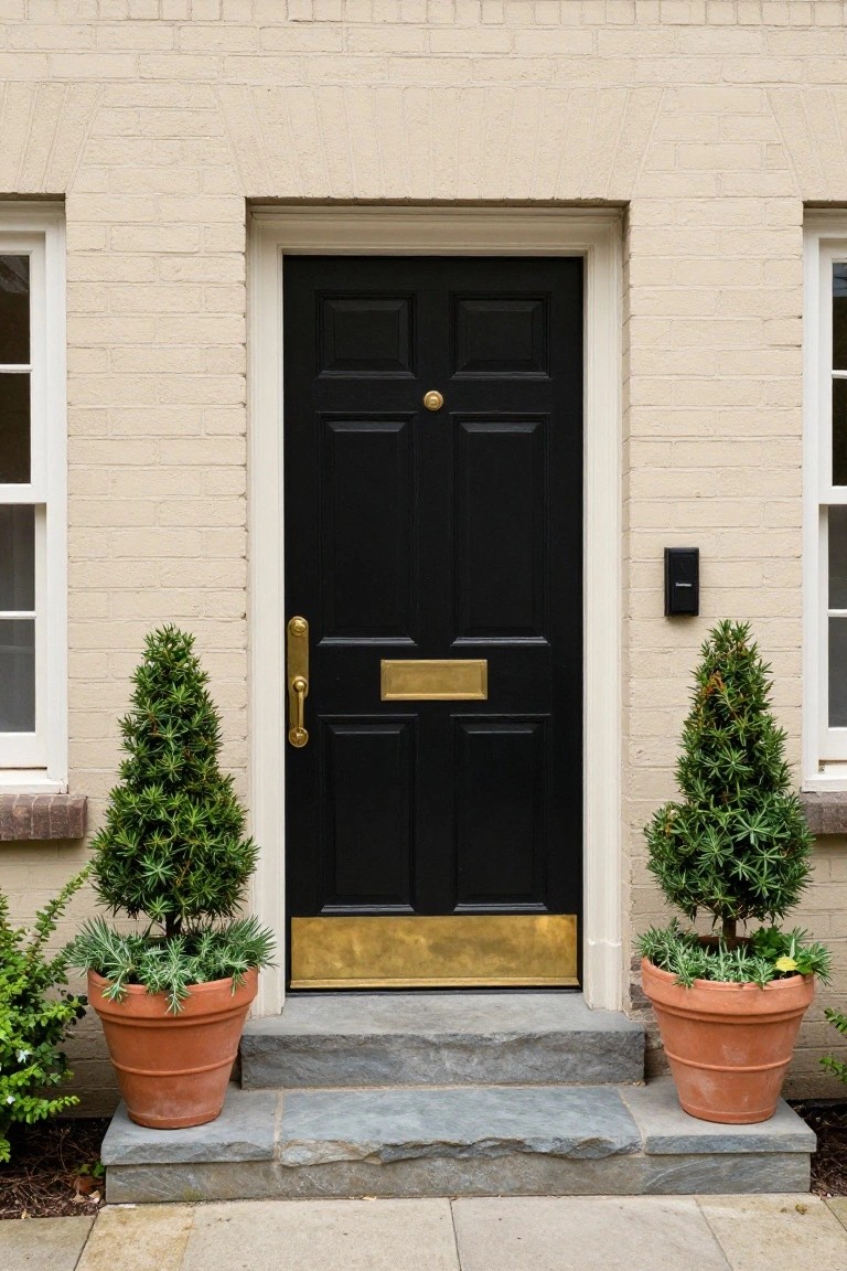Beige brick house exterior with black paneled front door, gold knocker and letterbox, flanked by two terra cotta pots with topiary shrubs on slate steps.