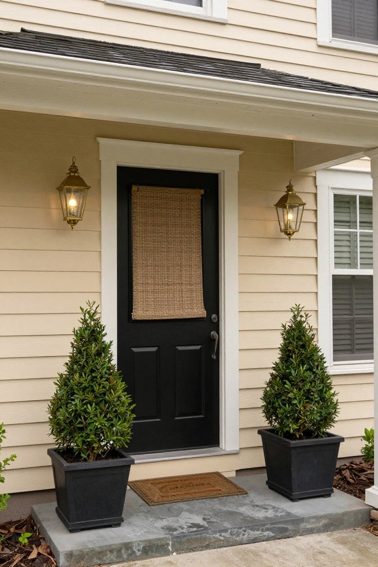 Beige clapboard house exterior featuring a black front door with bamboo shade, flanked by black planters with boxwood shrubs, gold lantern lights on porch posts, and concrete steps.