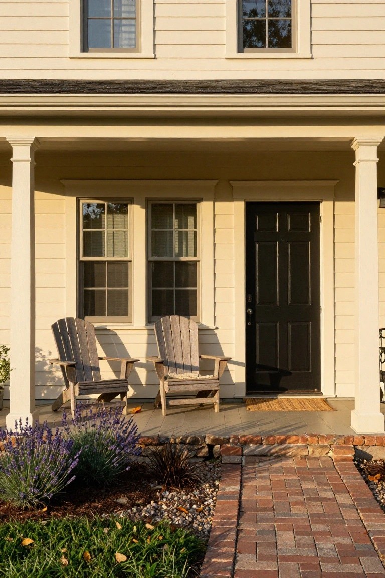 Beige colonial house exterior with covered porch supported by columns, black front door, two Adirondack chairs on the porch, lavender plants, and brick pathway in front.