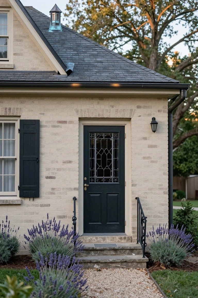 Beige brick house corner with black wooden double front door featuring decorative leaded glass window, black shutters on adjacent window, stone steps, black iron railing, and lavender plants along the path.