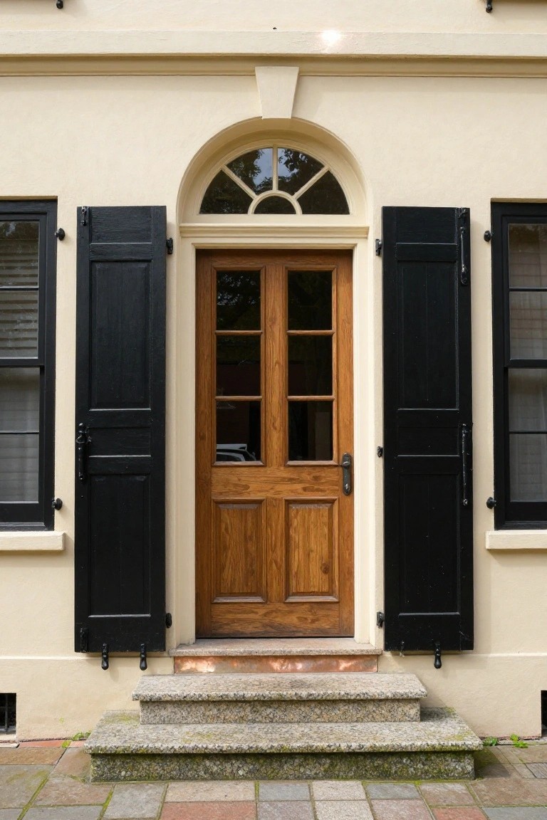 Beige house facade with black louvered shutters flanking a wooden front door under an arched transom window, granite steps, and brick paver walkway.