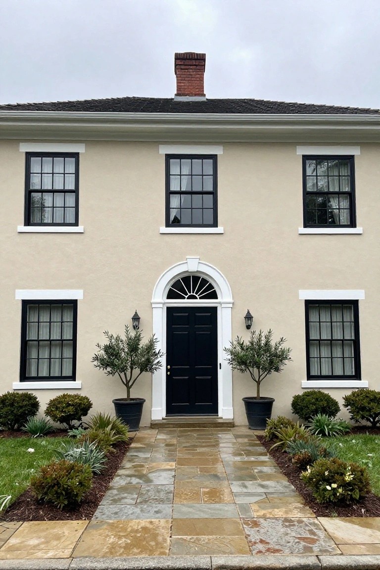 Beige colonial house with black window frames, arched black front door with fanlight, flanked by potted olive trees, stone pathway, and front landscaping under overcast sky.