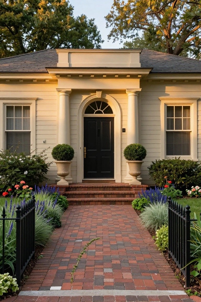 Beige clapboard house exterior with white pediment, fluted columns, arched transom, black front door, brick steps and path, symmetrical boxwood topiaries in urns, iron fence, and colorful perennials along the walkway.