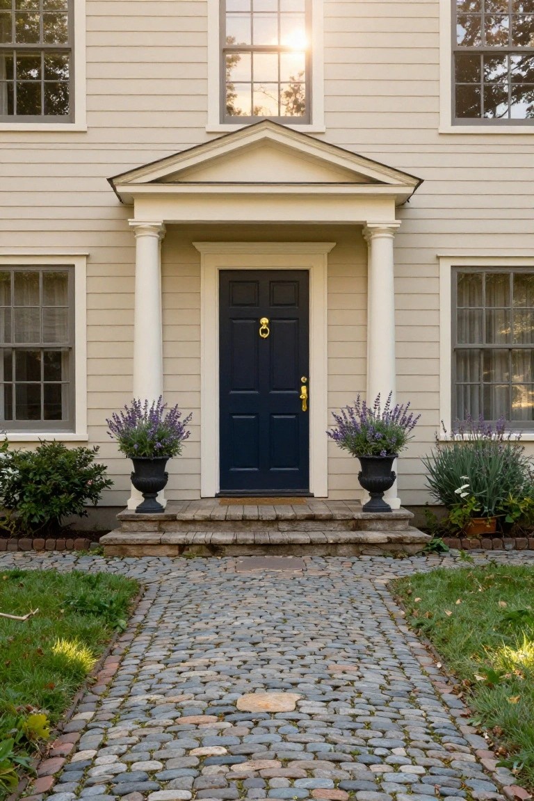 Beige clapboard colonial house exterior featuring a white pedimented portico with two columns framing a navy front door with brass knocker and knob, flanked by large black urns of lavender, stone steps, and a curving cobblestone path through the lawn.