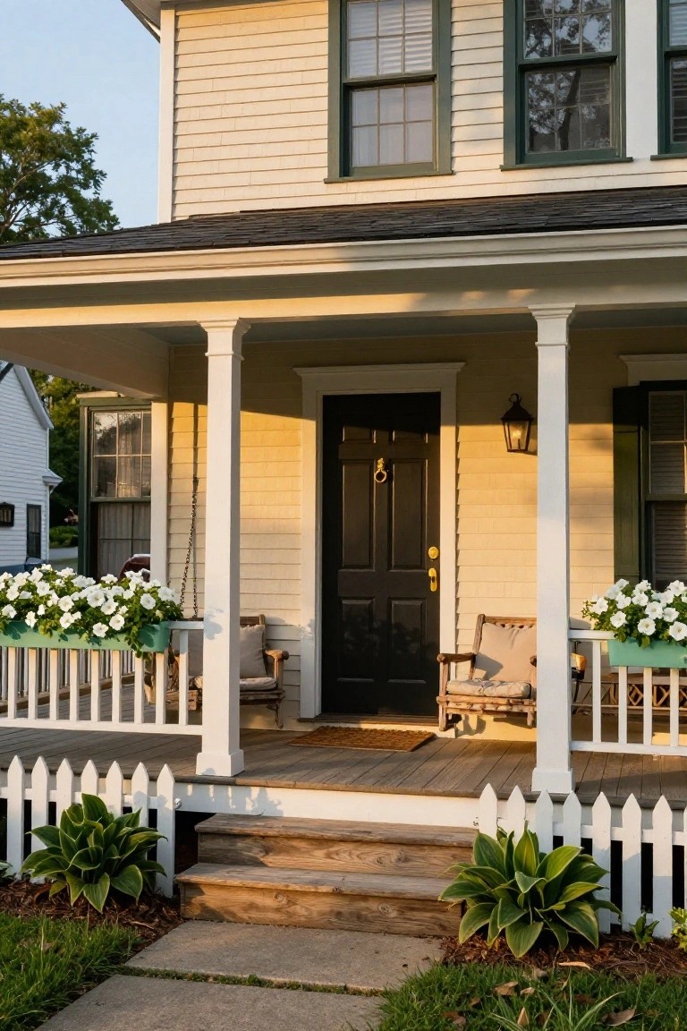 Beige two-story colonial house exterior with covered front porch, white columns and railings, dark front door, flower boxes with white flowers, Adirondack chairs, and hosta plants by white picket fence steps.