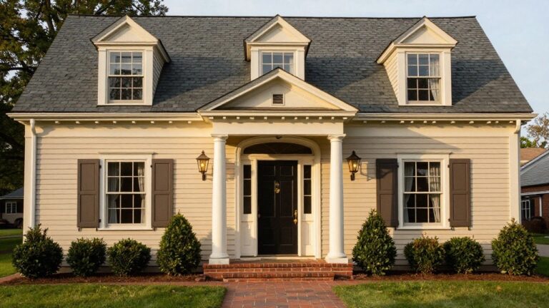 Two-story beige clapboard colonial house with black shutters on all windows, white pedimented portico supported by columns, dark front door with brass knocker flanked by lanterns, brick steps leading to slate walkway, and boxwood shrubs along the front yard.
