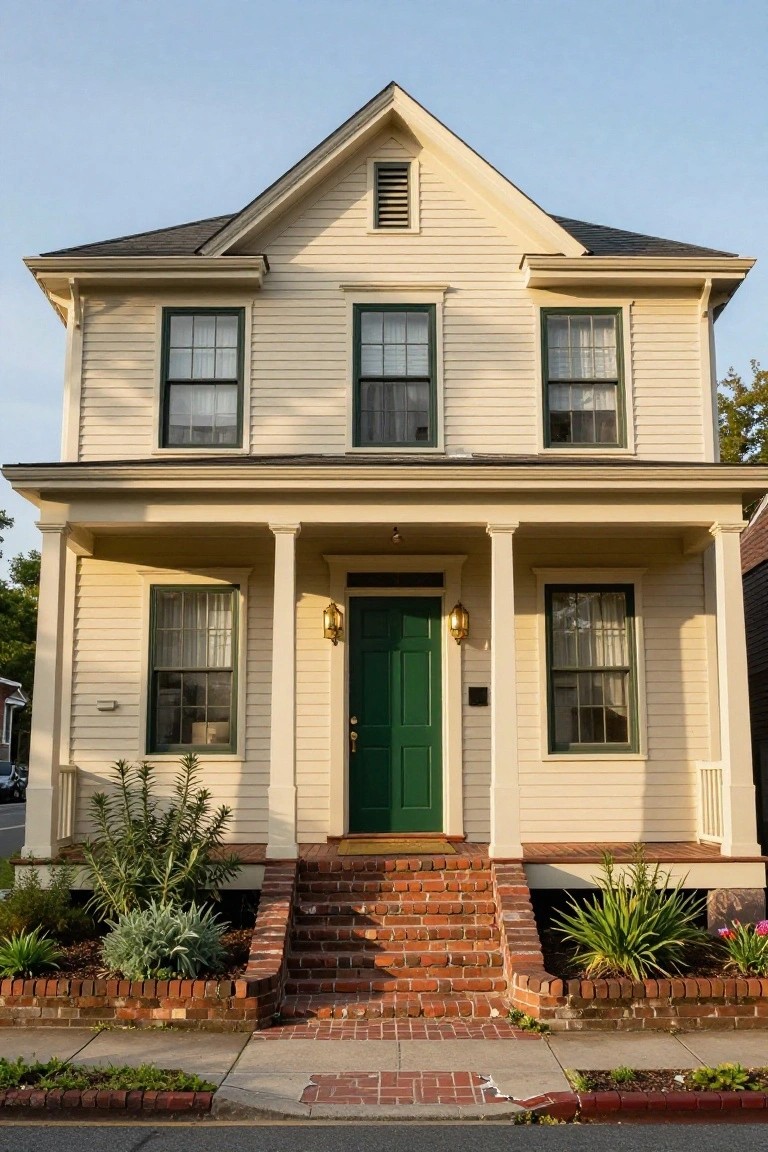 Two-story beige clapboard house with gabled roof, green front door and window frames, white porch columns, brick entry steps, and low plants along the front.