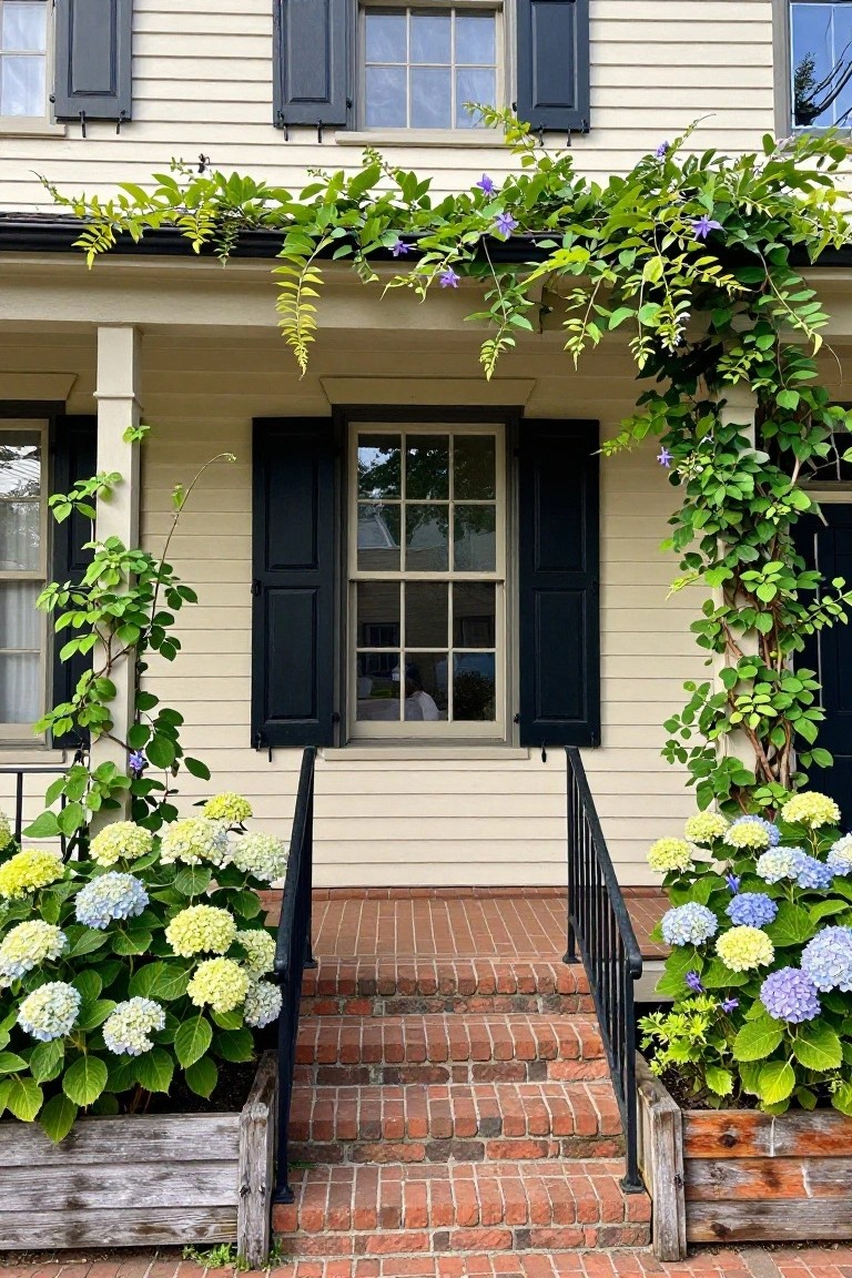 Beige colonial house facade with black shutters, climbing vines with purple flowers over the porch, and large rustic wooden planters overflowing with white and blue hydrangeas on either side of brick entry steps.