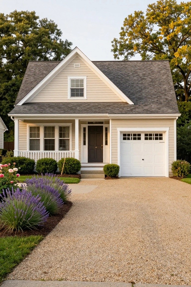 Beige clapboard colonial house with gray shingle roof, white-trimmed front porch and windows, attached white garage door, boxwood shrubs, lavender plants, roses, and gravel driveway.