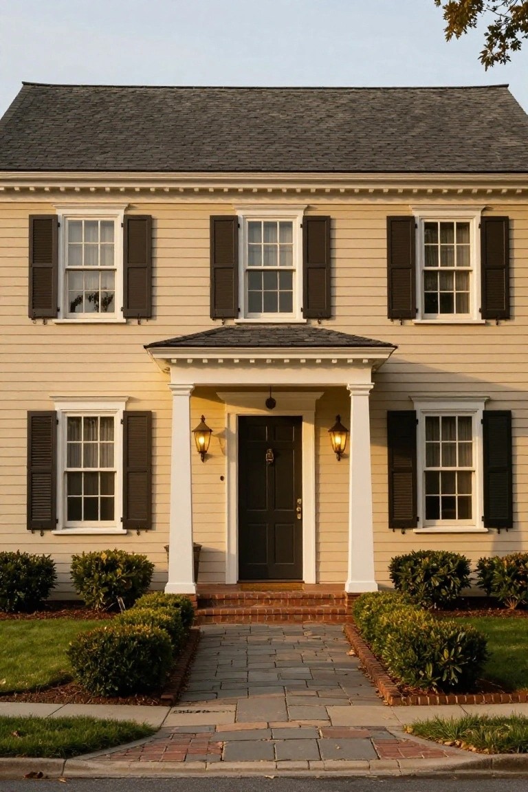 Two-story beige clapboard colonial house with black shutters on all windows, white pedimented portico supported by columns, dark front door with brass knocker flanked by lanterns, brick steps leading to slate walkway, and boxwood shrubs along the front yard.