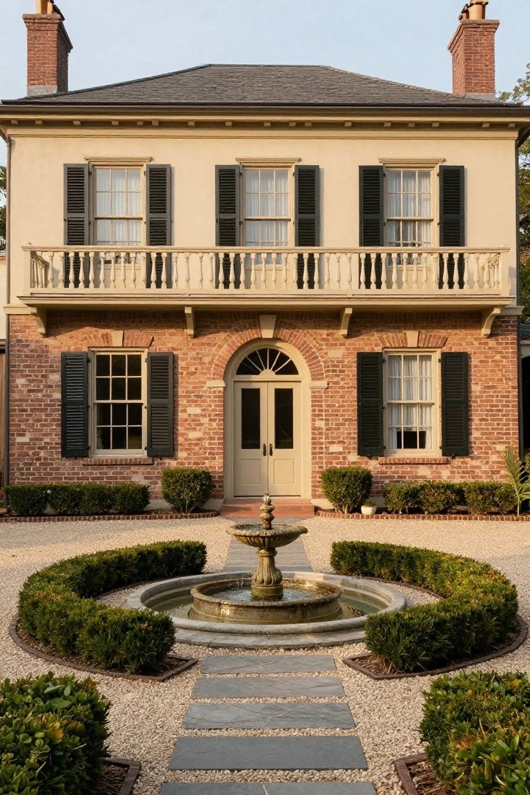 Two-story beige colonial house with red brick base and lower walls, arched entry door, multi-pane windows with dark shutters, upper balcony, and circular stone fountain surrounded by gravel paths and low boxwood hedges in the front yard.