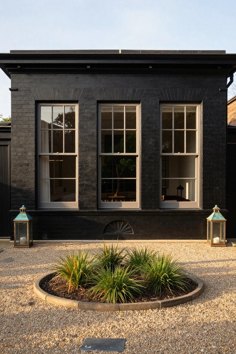 Black brick house facade with three tall multipane sash windows, flanked by teal lanterns, above a gravel yard with a circular planting bed of grasses.
