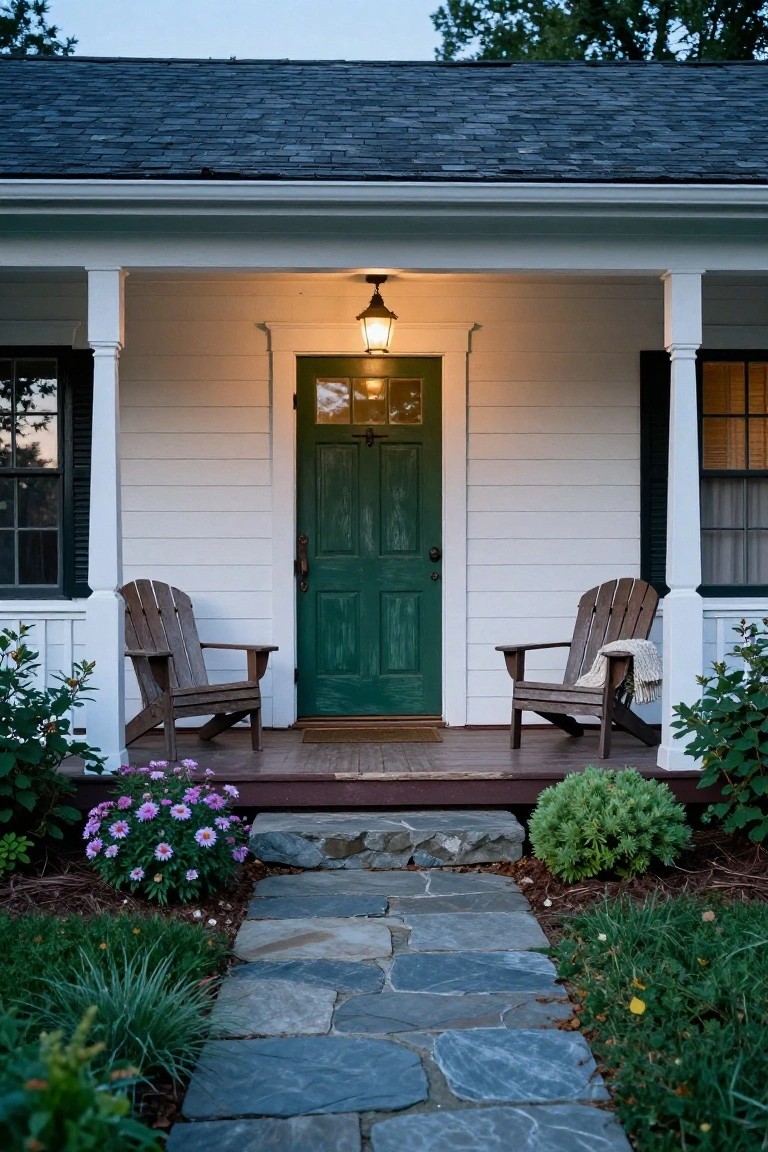 White clapboard colonial house exterior with black shutters on side windows, dark green front door, lit lantern above porch, two Adirondack chairs on wooden porch, stone walkway, and low plantings at dusk.