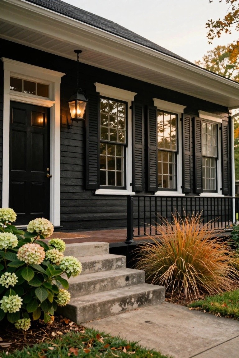 Front view of a black clapboard colonial-style house with white trim, black-framed multi-pane windows with shutters, black front door, hanging lantern light, concrete steps, and hydrangea bushes with ornamental grass nearby.
