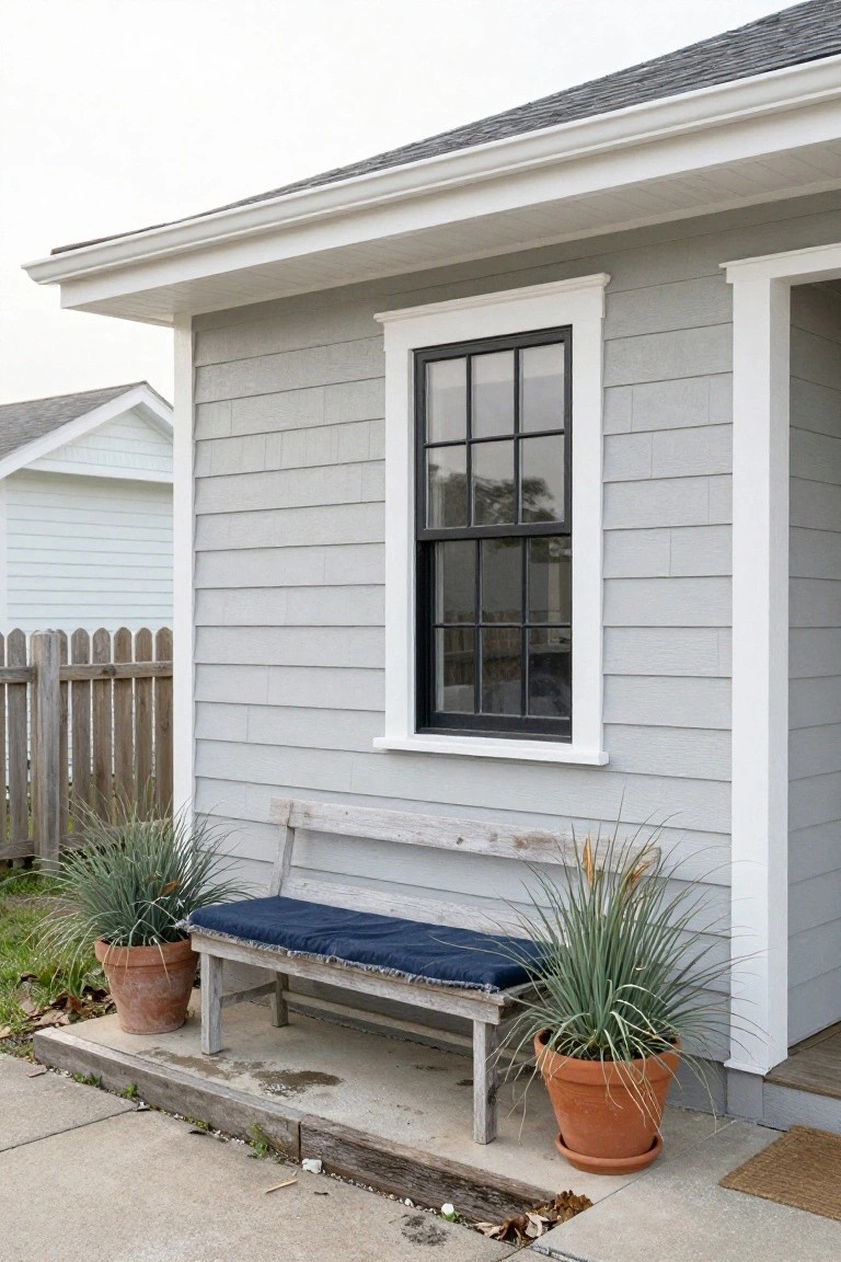 Light gray clapboard house exterior corner with black-framed six-over-six window, white trim, weathered wooden bench with blue cushion between two large potted grasses in terracotta pots, white entry door, and concrete pad.