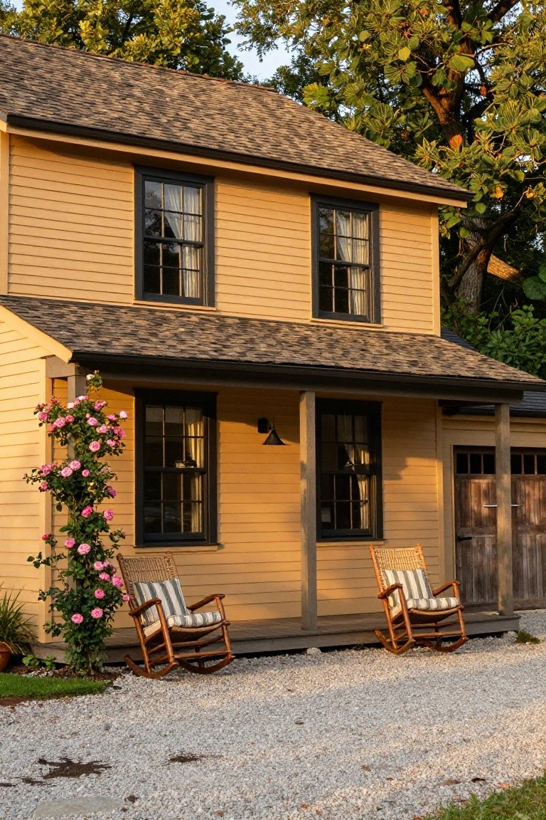 Two-story yellow colonial house with black-framed double-hung windows, covered front porch with two wicker rocking chairs, pink climbing roses along one side, wooden garage doors, gravel driveway, and trees in the background at dusk.