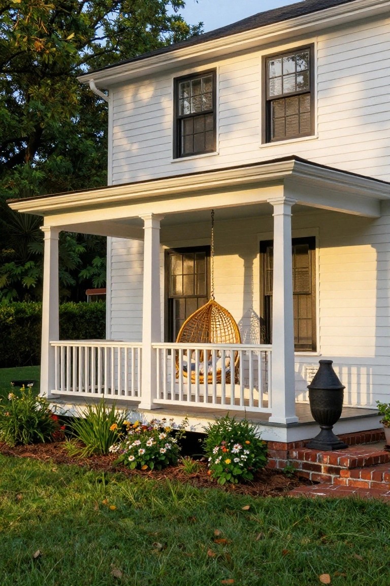 Two-story white clapboard colonial house with black-framed windows, columned front porch holding a woven hanging chair, brick steps, potted urn, and landscaped yard with flowers and shrubs.