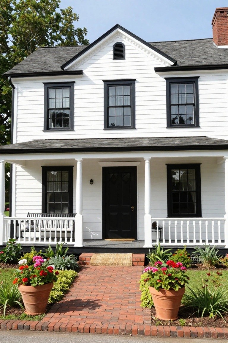 Two-story white clapboard colonial house with black window frames, black front door, covered porch with columns, brick pathway, and large terracotta pots with flowers in the front yard.