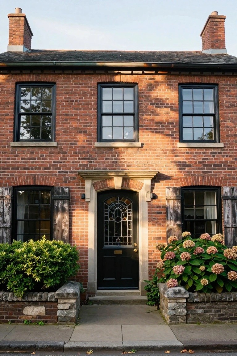 Two-story red brick house with black window frames and shutters, arched black front door with stained glass, flanked by green shrubs and pink hydrangeas, stone side walls, on a paved street with autumn leaves.