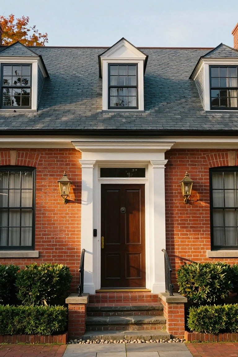 Red brick two-story colonial house exterior with black-framed windows and dormers, white trim on gabled roof sections, dark wood front door, brass lanterns, boxwood shrubs, and brick steps on a gravel and brick pathway.