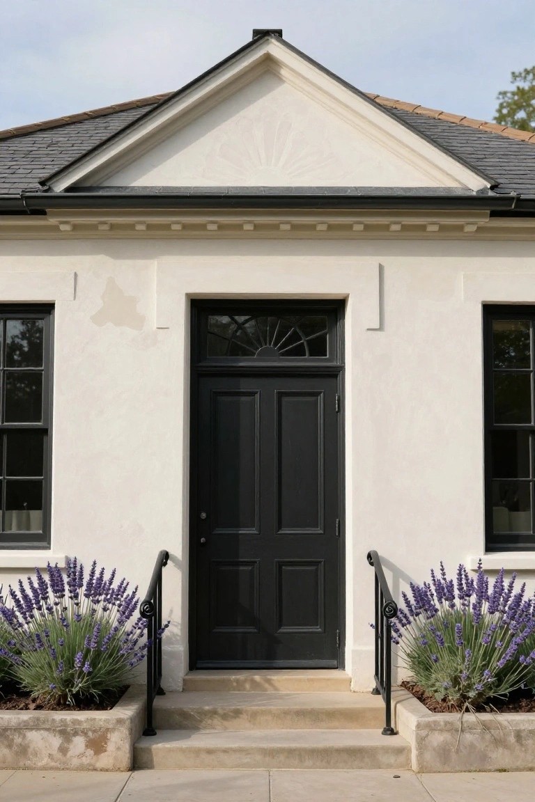 Front exterior of a white colonial-style house with black-framed double-hung windows, black front door with fanlight, short steps with black railing, and lavender plants in planters on each side.