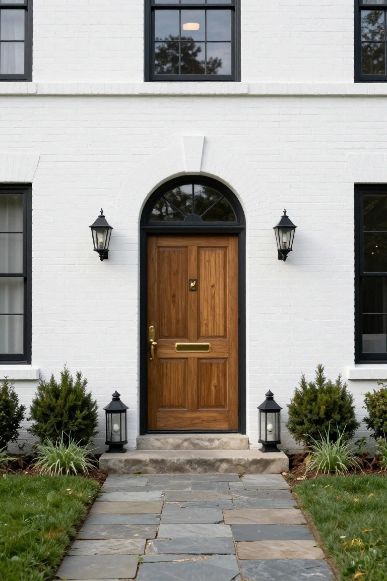 White brick colonial house facade with black-framed windows, wooden front door with brass hardware, black lanterns on either side, stone pathway leading to front steps, and small shrubs in the yard.