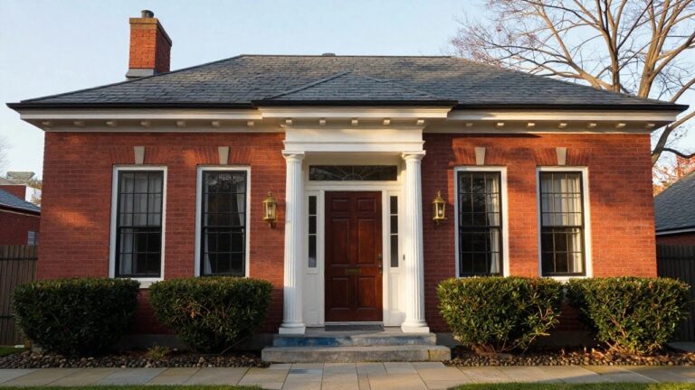 Red brick two-story colonial house exterior with black-framed windows and dormers, white trim on gabled roof sections, dark wood front door, brass lanterns, boxwood shrubs, and brick steps on a gravel and brick pathway.