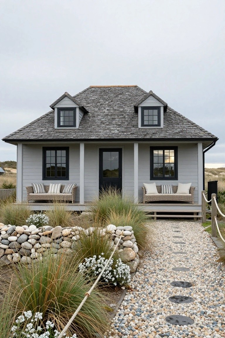 Small gray clapboard house with black-framed windows and door, elevated porch with rattan benches, surrounded by dune grasses, white flowers, stone wall, and pebble path with stepping stones.