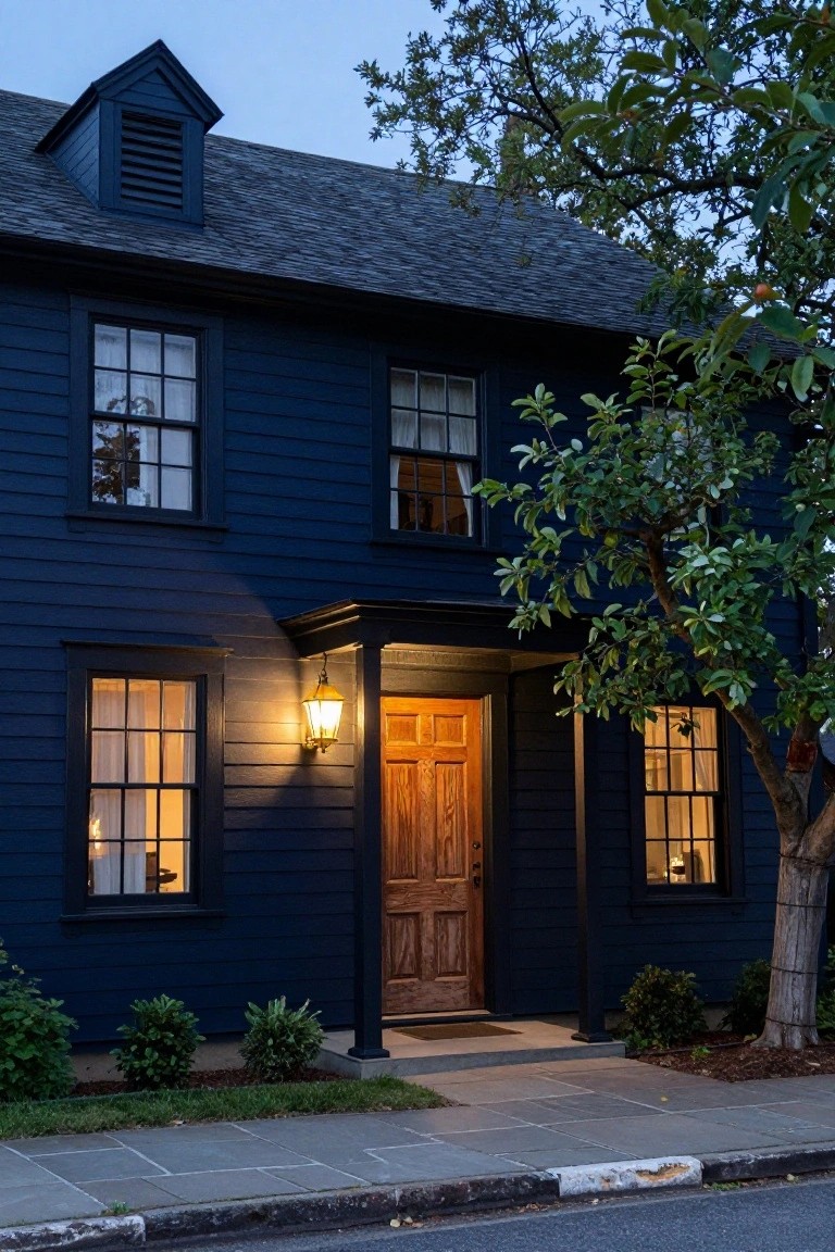 Two-story navy blue clapboard colonial house at dusk with black-framed multipane windows, centered wooden front door under a small porch with lantern light, flanked by shrubs and a leafy tree, slate sidewalk curb in foreground.