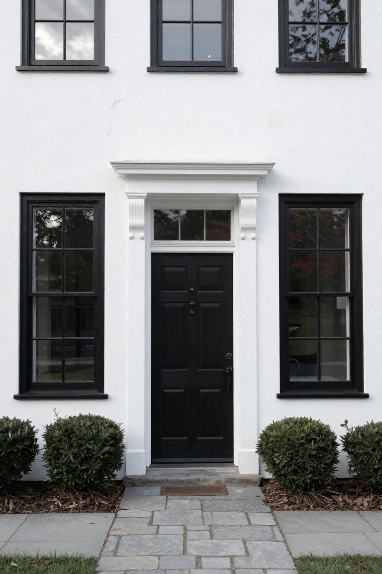 White two-story colonial house exterior featuring black-framed six-over-six windows, black front door with transom, boxwood shrubs flanking the entry steps, and a slate stone pathway.