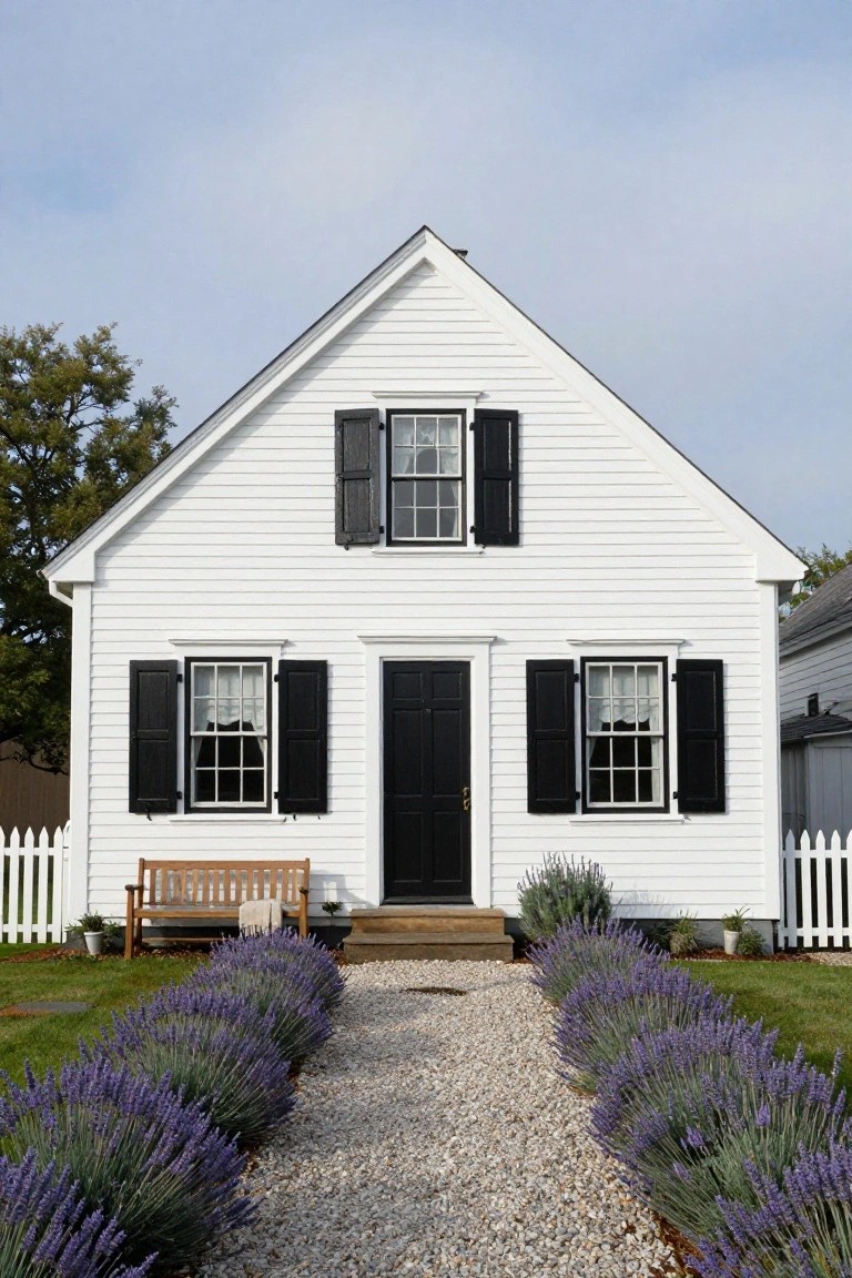 A white clapboard colonial house with black shutters on the windows, a black front door, a wooden bench on the stoop, lavender bushes lining a gravel path to the entry, and a white picket fence.