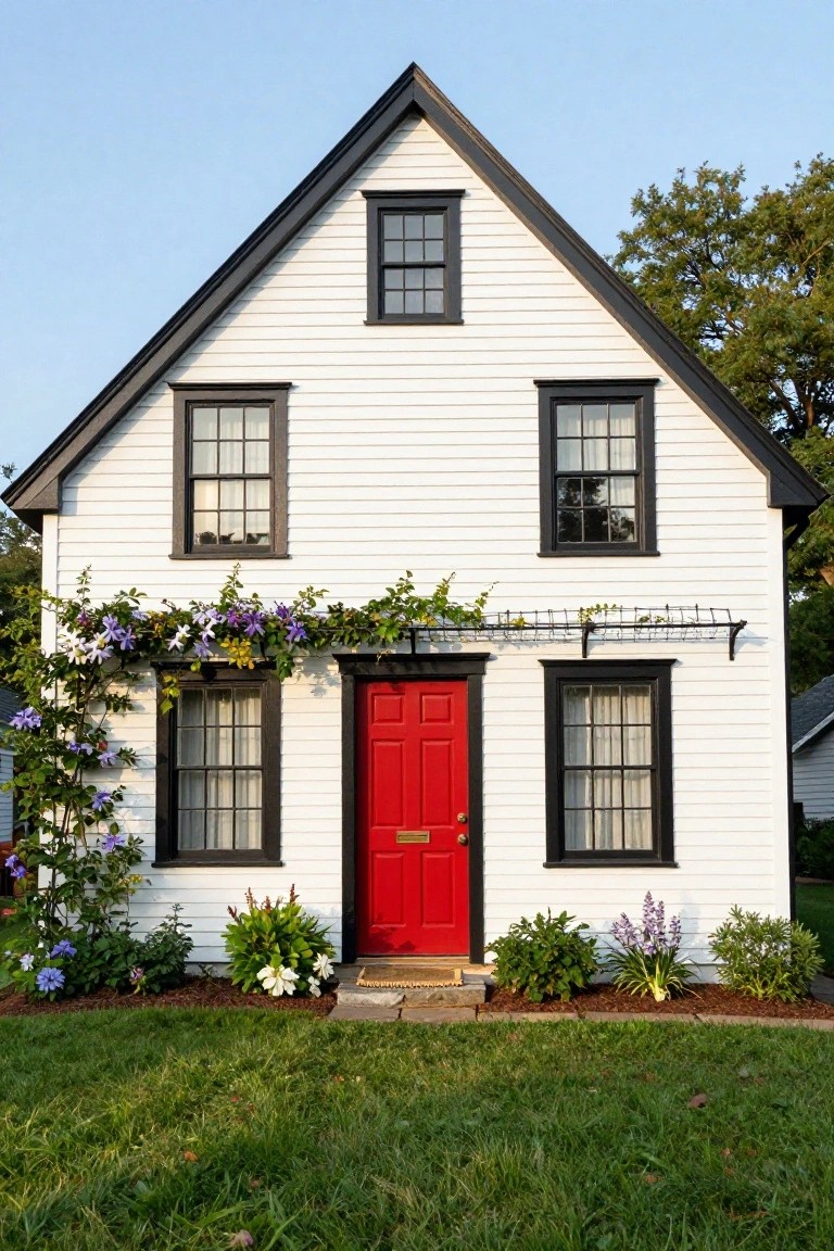 A two-story white clapboard colonial house with black window frames and trim, a red front door covered in purple clematis vines on a trellis, shrubs and flowers at the base, and a green lawn in front under a blue sky.