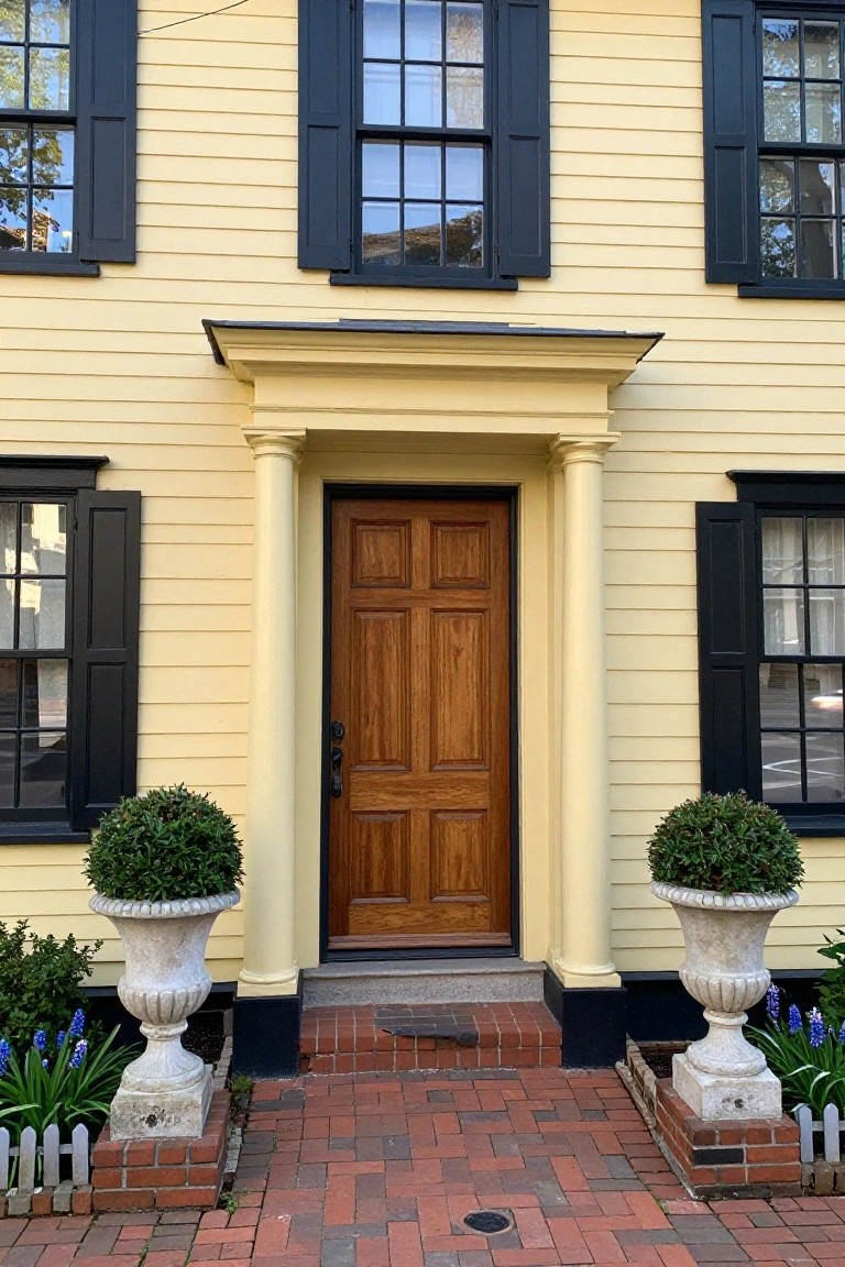 Pale yellow two-story colonial house with black shutters on multi-pane windows, wooden paneled front door under a portico with columns, brick walkway, stone urns holding topiary plants, and small flower beds.