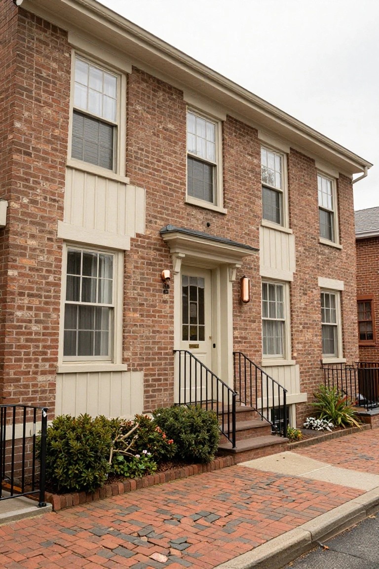 Two-story red brick colonial house with cream board-and-batten siding on corners and gables, front door with steps and black metal railing, shrubs along the base, and brick sidewalk.