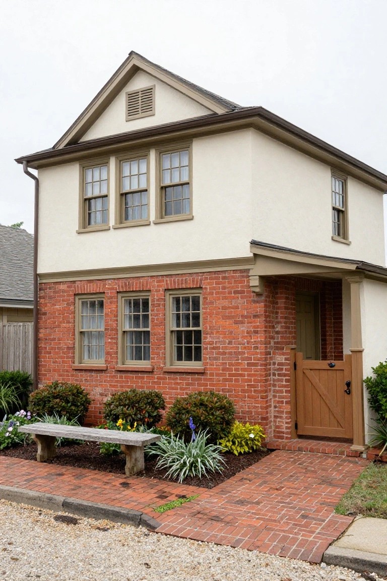 Two-story colonial house with red brick lower level and entry, beige siding upper level, wooden gate, brick pathway, garden bench, and shrubs.