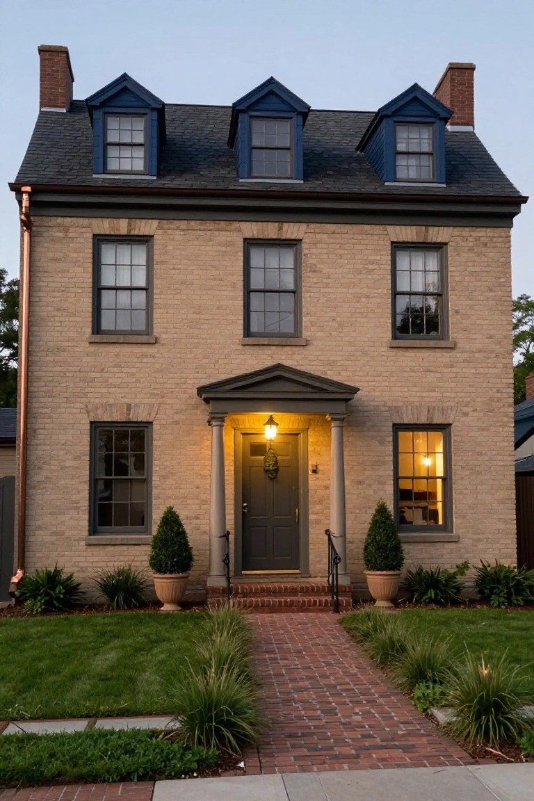 Brick Colonial with Blue Dormers