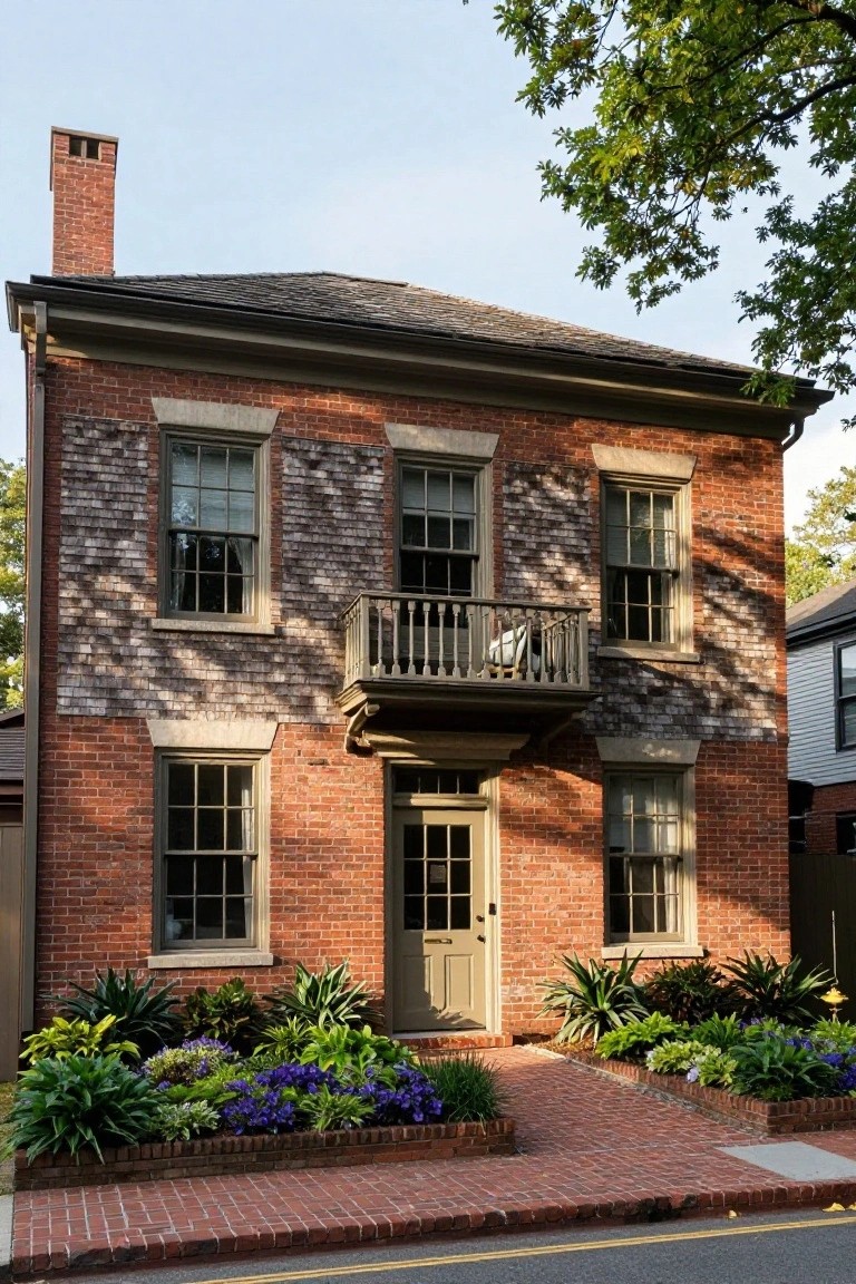 Two-story red brick colonial house with wood shingle siding on the left side and upper areas, featuring double-hung windows, a second-floor balcony, green front door, and landscaped brick pathway.