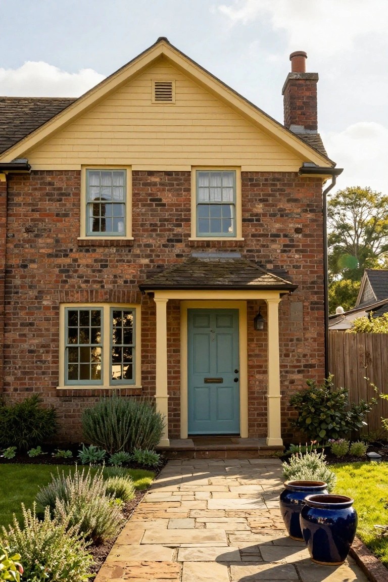 Two-story house with red brick lower walls and pale yellow clapboard siding on upper sections, teal front door under a small porch with yellow columns, stone pathway, and potted plants in the front yard.