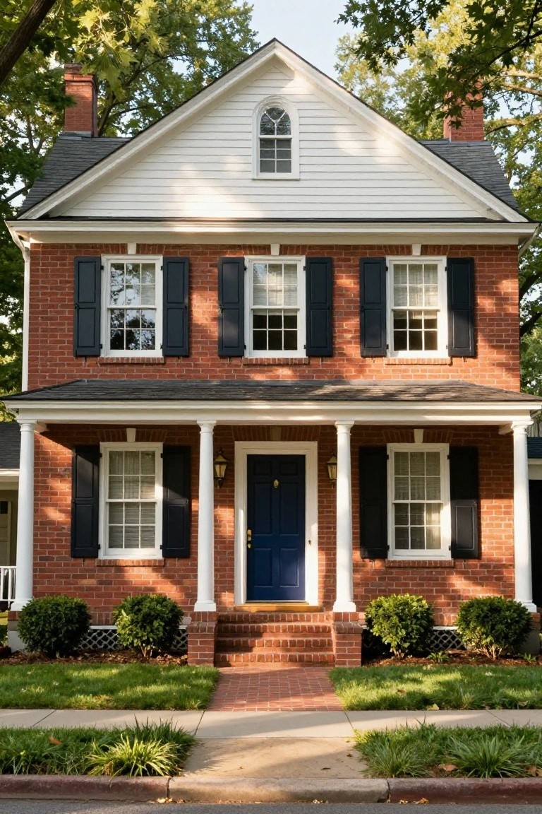Two-story Colonial-style house with red brick base, white clapboard siding upper level, black shutters on windows, white-columned porch with blue front door, brick steps, boxwood shrubs, and front lawn.