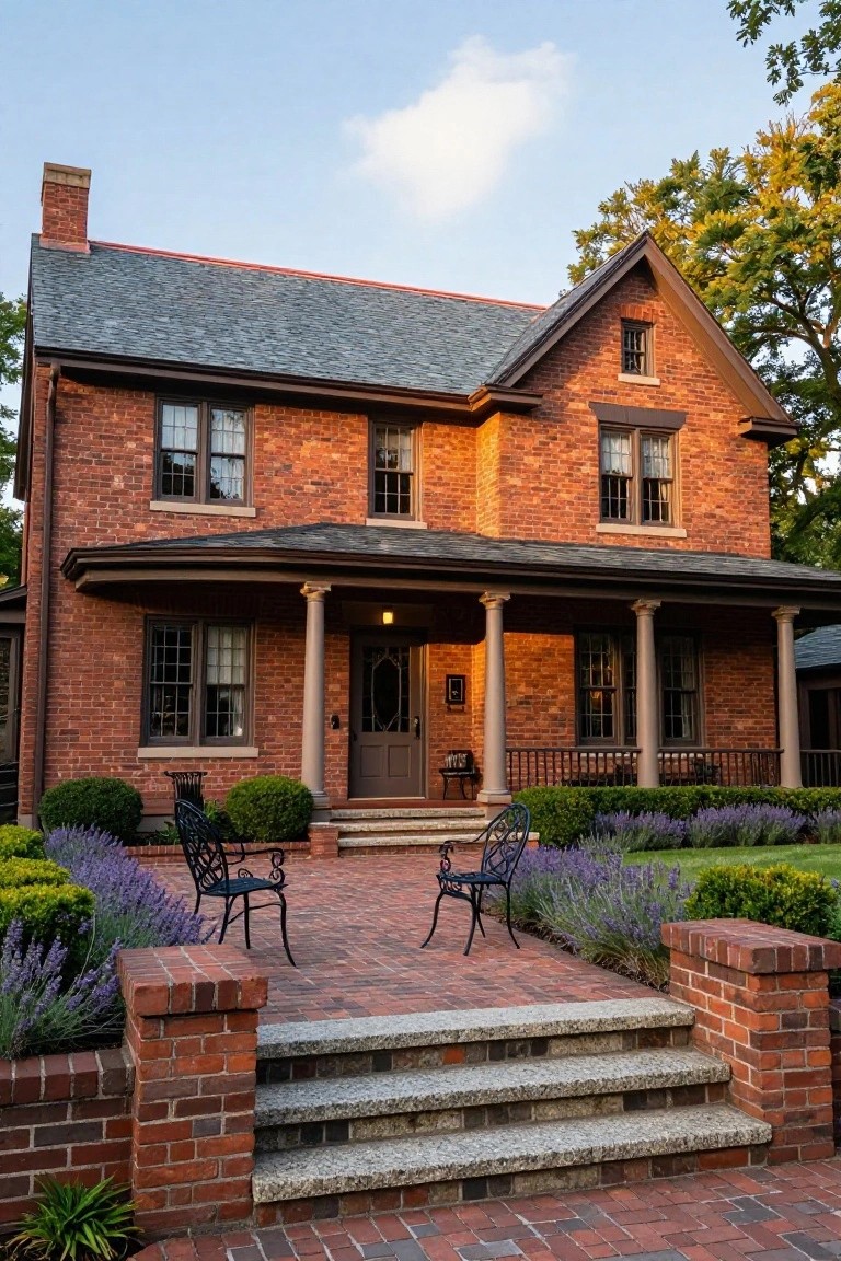 Two-story red brick house with slate roof, covered front porch supported by four round columns, dark wood door and windows, brick walkway with steps, and lavender shrubs beside two black metal chairs.
