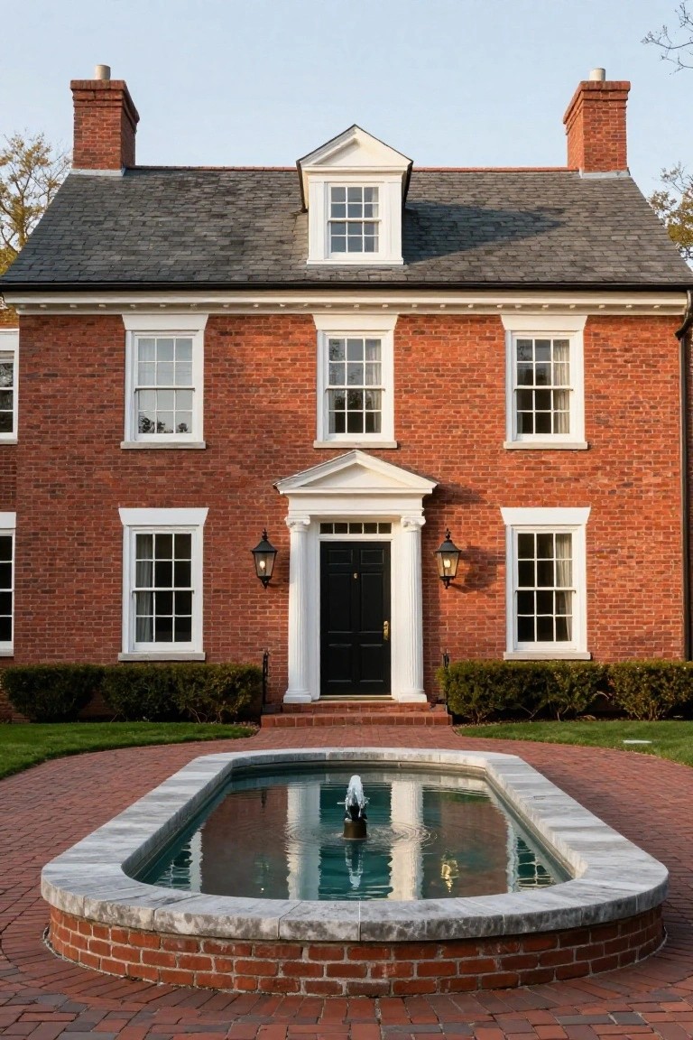 Two-story red brick colonial house with white trim around multipane windows, a central white pedimented portico entry with black door and lanterns, symmetrical facade, slate roof, brick paver path, and oval stone-edged fountain in foreground.